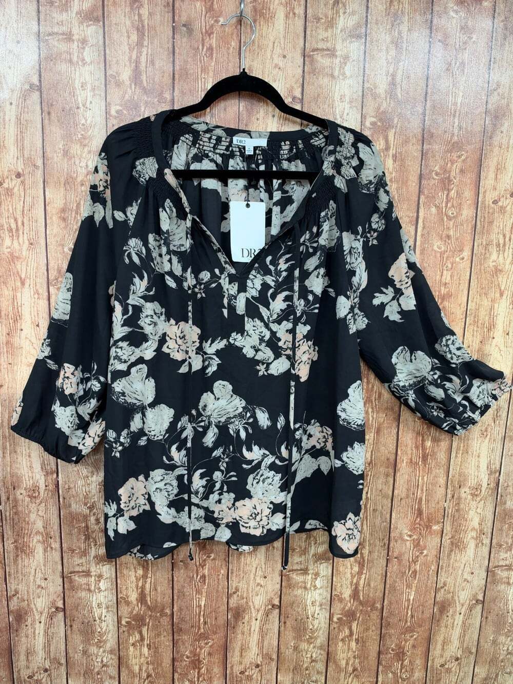 DR2 Daniel Rainn Womens XL Floral Blouse NWT Black Boho Peasant Tie Neck Top